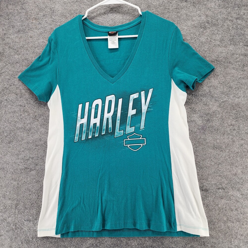 Harley Davidson Shirt Womens Medium Short Sleeve V Neck Green